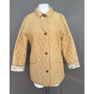 Laura Ashley Quilted Barn Jacket M Tan Floral Lining Button Coat Cottagecore